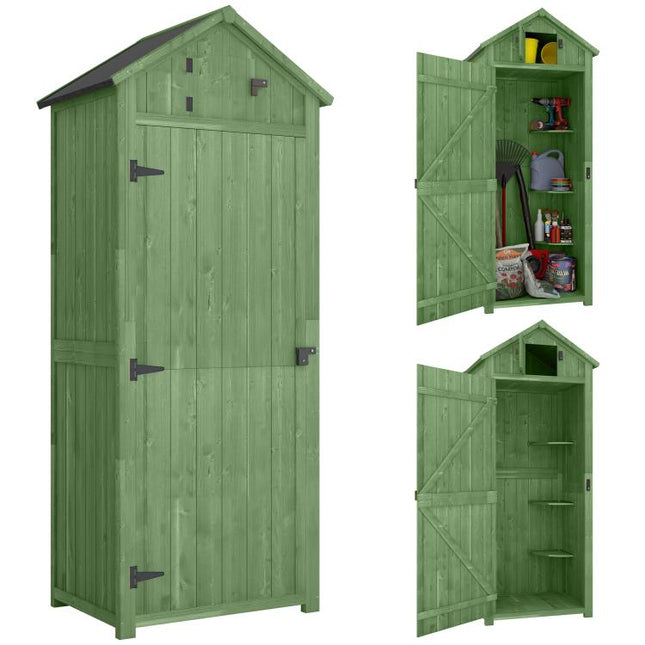 Small Shed, Tall Slim Wooden Garden Shed with 3 Removable Shelves and Roof Hatch, Compact Outdoor Tool Storage Cabinet with Asphalt Roof and Door Latch, 77 x 54.2 x 179 cm, Green