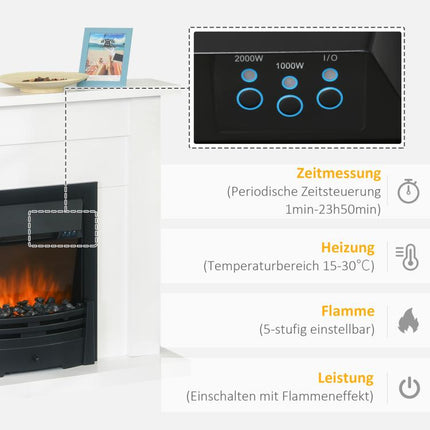 Electric fireplace, 2 heat settings, remote control, timer, realistic flame effect, black & white