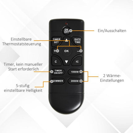 Electric fireplace, 2 heat settings, remote control, timer, realistic flame effect, black & white