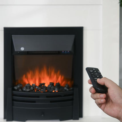 Electric fireplace, 2 heat settings, remote control, timer, realistic flame effect, black & white