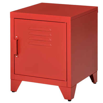 Industrial End Table, Living Room Side Table with Locker-Style Door and Adjustable Shelf, Red