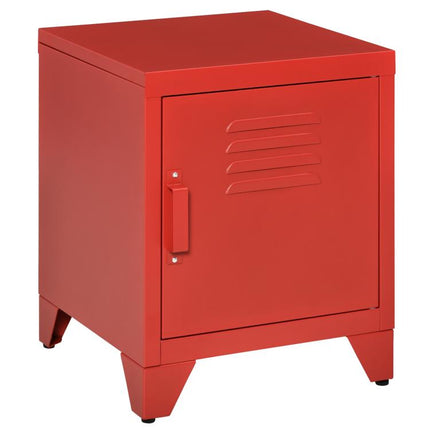 Industrial End Table, Living Room Side Table with Locker-Style Door and Adjustable Shelf, Red