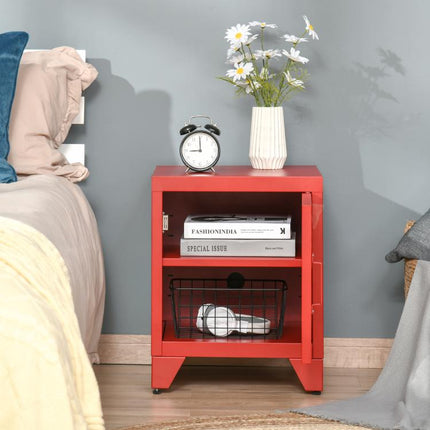 Industrial End Table, Living Room Side Table with Locker-Style Door and Adjustable Shelf, Red