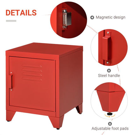 Industrial End Table, Living Room Side Table with Locker-Style Door and Adjustable Shelf, Red