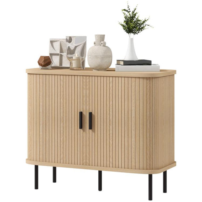 Mid-Century Modern Sideboard Storage Cabinet with Slatted Tambour Sliding Doors, Kitchen Cabinet with Steel Legs, Oak Tone