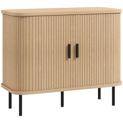 Mid-Century Modern Sideboard Storage Cabinet with Slatted Tambour Sliding Doors, Kitchen Cabinet with Steel Legs, Oak Tone