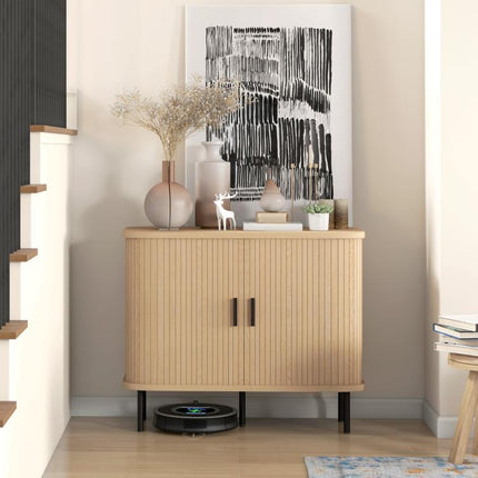 Mid-Century Modern Sideboard Storage Cabinet with Slatted Tambour Sliding Doors, Kitchen Cabinet with Steel Legs, Oak Tone
