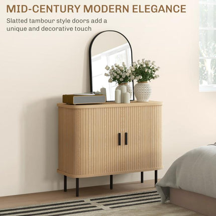Mid-Century Modern Sideboard Storage Cabinet with Slatted Tambour Sliding Doors, Kitchen Cabinet with Steel Legs, Oak Tone