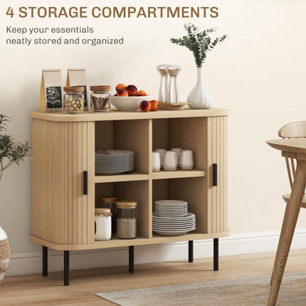 Mid-Century Modern Sideboard Storage Cabinet with Slatted Tambour Sliding Doors, Kitchen Cabinet with Steel Legs, Oak Tone