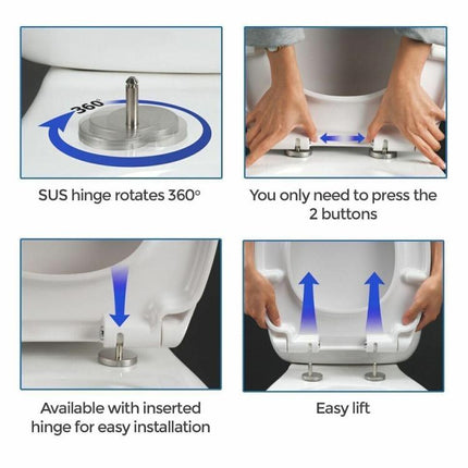 D Shape Toilet Seat in White Soft Close Quick Release Anti-Bac Top Bottom Hinges