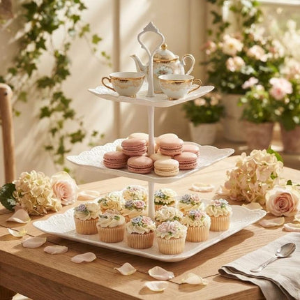 3PCS 3 Tier Cake Stand Afternoon Tea Wedding Plates Party Embossed Tableware