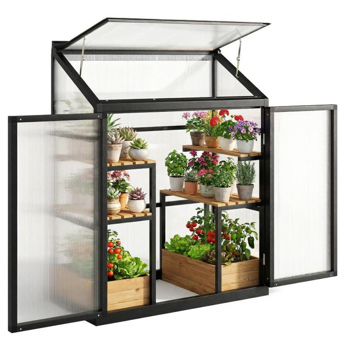 4 x 2ft Polycarbonate Greenhouse, Quick Setup, Lean-to Green House with 2 Hinged Doors, Top Vent, Black
