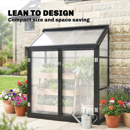 4 x 2ft Polycarbonate Greenhouse, Quick Setup, Lean-to Green House with 2 Hinged Doors, Top Vent, Black