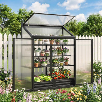 4 x 2ft Polycarbonate Greenhouse, Quick Setup, Lean-to Green House with 2 Hinged Doors, Top Vent, Black