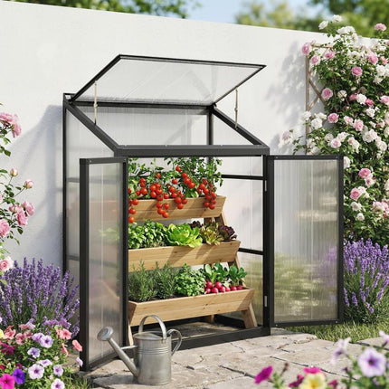 4 x 2ft Polycarbonate Greenhouse, Quick Setup, Lean-to Green House with 2 Hinged Doors, Top Vent, Black