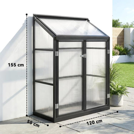 4 x 2ft Polycarbonate Greenhouse, Quick Setup, Lean-to Green House with 2 Hinged Doors, Top Vent, Black