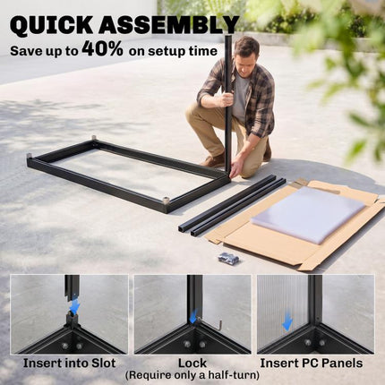 4 x 2ft Polycarbonate Greenhouse, Quick Setup, Lean-to Green House with 2 Hinged Doors, Top Vent, Black