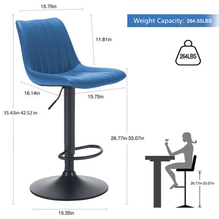 Adjustable Bar Stools Set of 2,Faux Leather Swivel Bar Stools with Backs,Height Adjustable Bar Chairs with Footrest,Modern Barstools for Kitchen Island,Dining Room,Home Bar,Blue