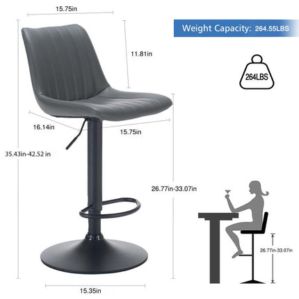 Adjustable Bar Stools Set of 2,Faux Leather Swivel Bar Stools with Backs,Height Adjustable Bar Chairs with Footrest,Modern Barstools for Kitchen Island, Dining Room,Home Bar, Grey