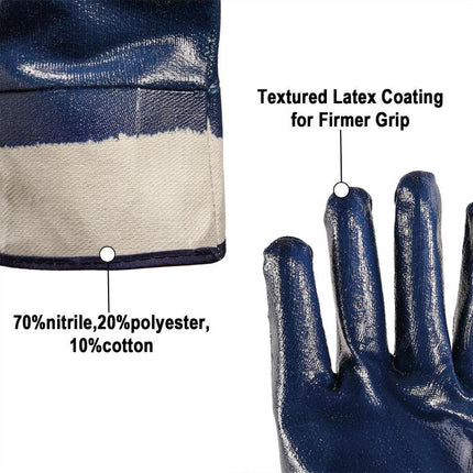ORG Fully Dipped Blue Nitrile Gloves, Canvas Cuff, Heavy-Duty Oil Resistant Protective Gloves, Ideal for Mechanic, Auto Repair, Machinery, Industrial Work 6 Pairs.