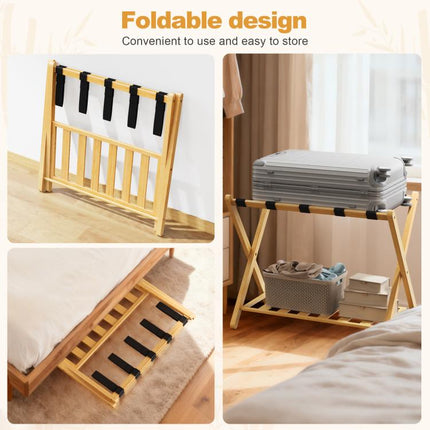 Folding Bamboo Luggage Rack 29×28×3 Inch, Foldable Suitcase Stand with Lower Storage Shelf, Guest Room Luggage Holder for Hotel & Bedroom