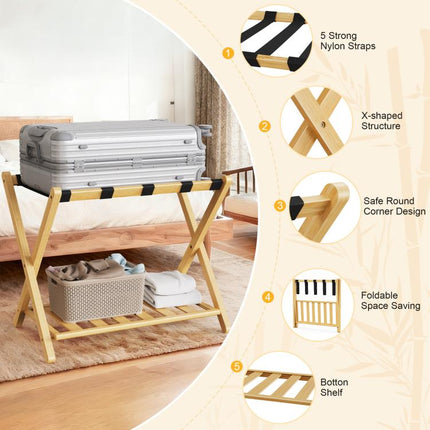 Folding Bamboo Luggage Rack 29×28×3 Inch, Foldable Suitcase Stand with Lower Storage Shelf, Guest Room Luggage Holder for Hotel & Bedroom