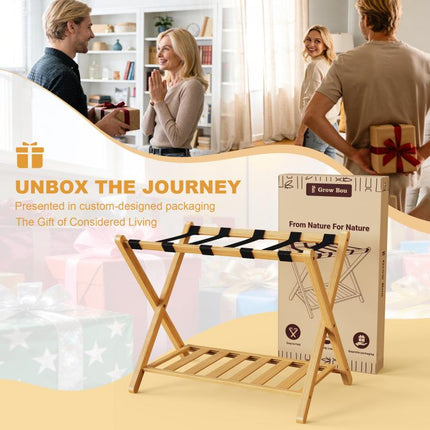 Folding Bamboo Luggage Rack 29×28×3 Inch, Foldable Suitcase Stand with Lower Storage Shelf, Guest Room Luggage Holder for Hotel & Bedroom
