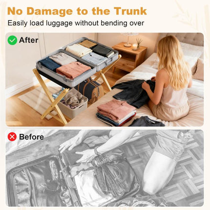 Folding Bamboo Luggage Rack 29×28×3 Inch, Foldable Suitcase Stand with Lower Storage Shelf, Guest Room Luggage Holder for Hotel & Bedroom