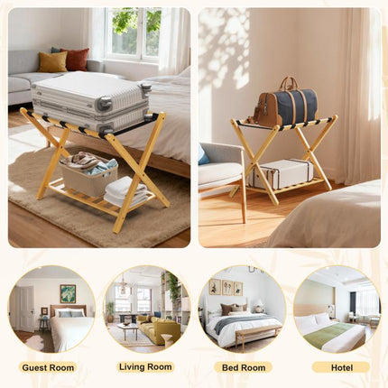 Folding Bamboo Luggage Rack 29×28×3 Inch, Foldable Suitcase Stand with Lower Storage Shelf, Guest Room Luggage Holder for Hotel & Bedroom
