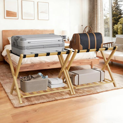 Folding Bamboo Luggage Rack 29×28×3 Inch, Foldable Suitcase Stand with Lower Storage Shelf, Guest Room Luggage Holder for Hotel & Bedroom