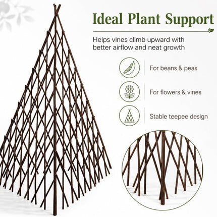 4FT Teepee Trellis for Climbing Plants, Natural Willow Plant Support, Expandable Wood Plant Cage for Beans, Peas, Cucumbers, Flowers, Vines and Garden Decor