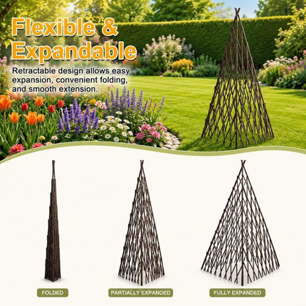 4FT Teepee Trellis for Climbing Plants, Natural Willow Plant Support, Expandable Wood Plant Cage for Beans, Peas, Cucumbers, Flowers, Vines and Garden Decor