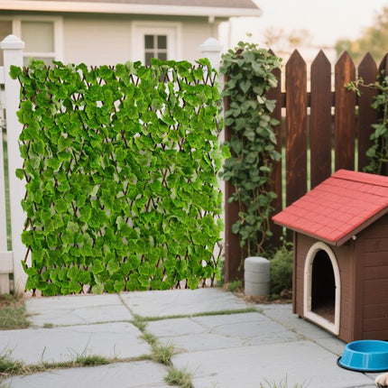 Expandable Greenery Trellis for Balcony 47×14inch, Faux Ivy Privacy Screen,Real wood frame adjusts easily and PE leaves rinse clean after outdoor use