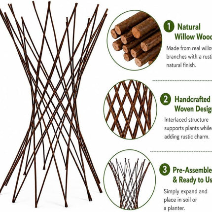 4FT Willow Funnel Trellis, 48 inch H x 13 inch W Natural Willow Plant Support Tower, Expandable Garden Trellis for Climbing Plants, Vines, Peas, Beans, Flowers and Potted Plants
