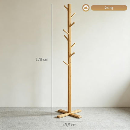 Coat and Hat Stand, 8 Hooks, 49.5 cm x 49.5 cm x 178 cm, Natural