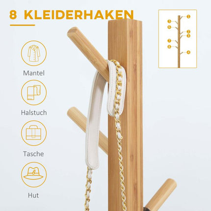 Coat and Hat Stand, 8 Hooks, 49.5 cm x 49.5 cm x 178 cm, Natural