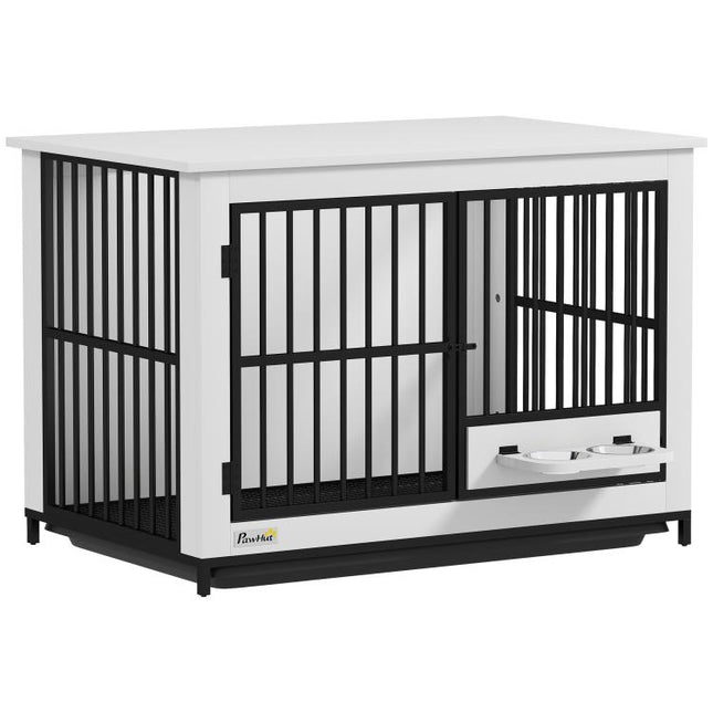 Large dog crate, easy access, lockable, rotating bowl holder, for small and large dogs, white