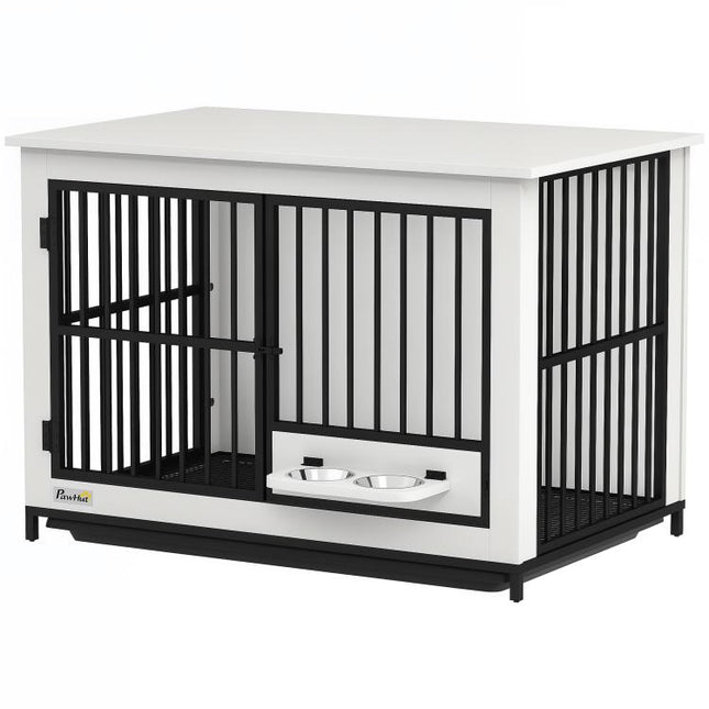 Large dog crate, easy access, lockable, rotating bowl holder, for small and large dogs, white