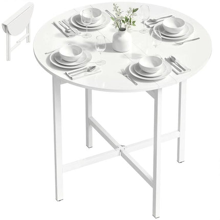 Collapsible?Drop Leaf Table, Folding Dining Table for Small Spaces, Extendable Kitchen Table with Steel Frame, White
