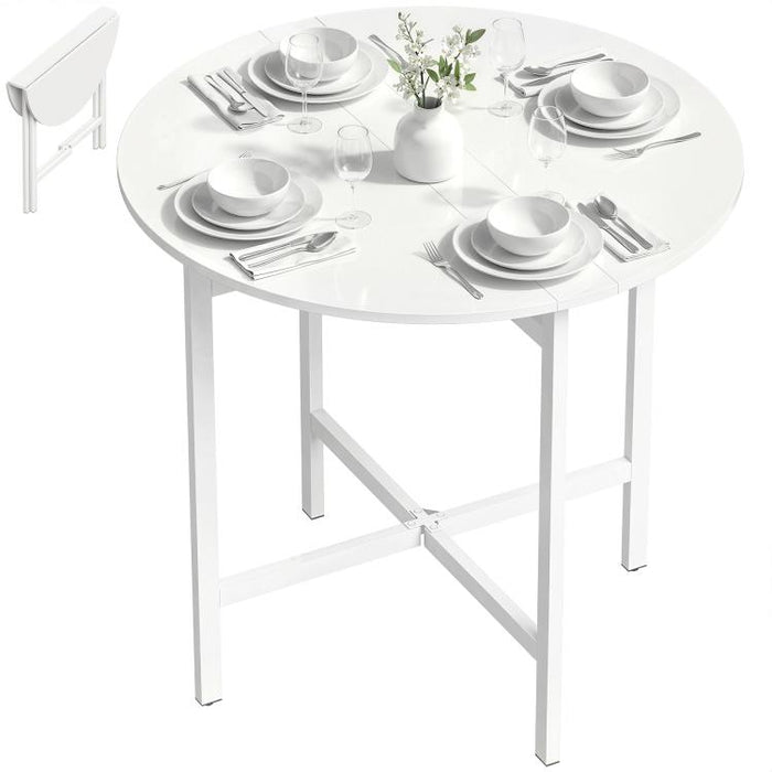 Collapsible?Drop Leaf Table, Folding Dining Table for Small Spaces, Extendable Kitchen Table with Steel Frame, White