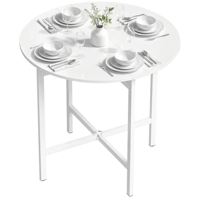 Collapsible?Drop Leaf Table, Folding Dining Table for Small Spaces, Extendable Kitchen Table with Steel Frame, White