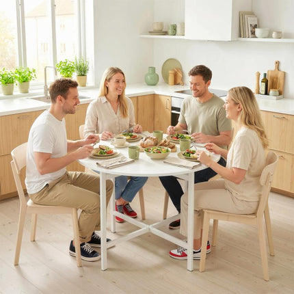 Collapsible?Drop Leaf Table, Folding Dining Table for Small Spaces, Extendable Kitchen Table with Steel Frame, White