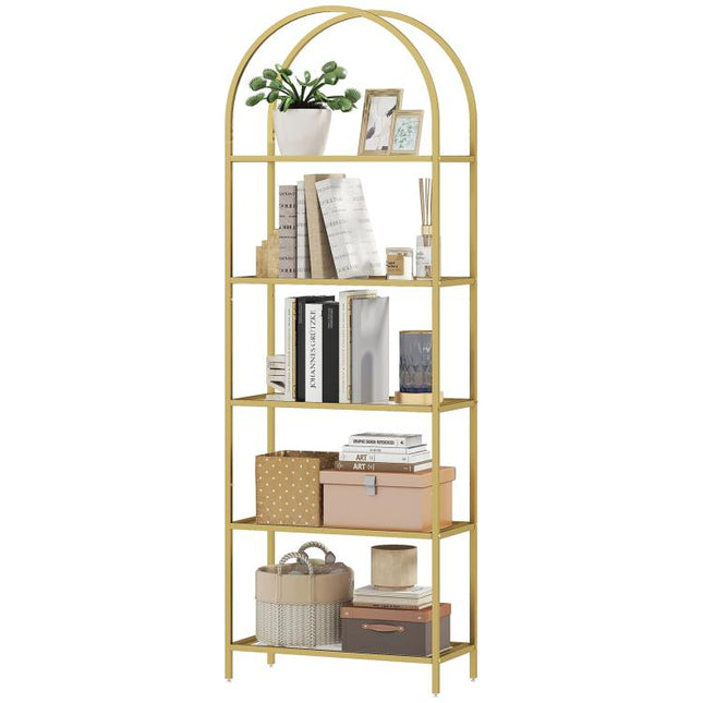 Estantería de Vidrio de 5 Niveles Estantería Almacenaje Estructura Arqueada Librería Estrecha 60x30x175 cm Dorado