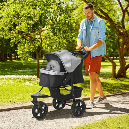 Dog Stroller Foldable Pet Pram, 3 Wheels Dog Pushchair with Brake, for Small Miniature Breeds, Cats, Grey