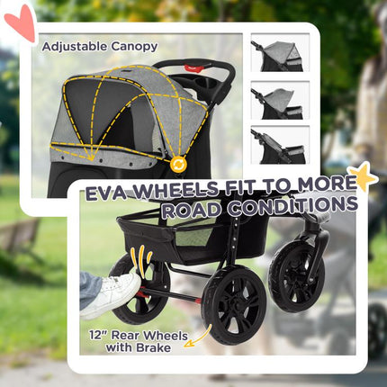 Dog Stroller Foldable Pet Pram, 3 Wheels Dog Pushchair with Brake, for Small Miniature Breeds, Cats, Grey
