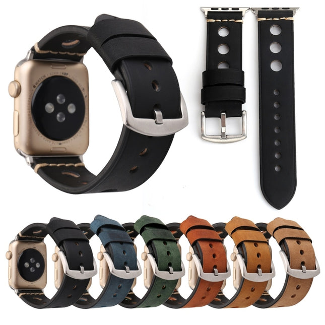 For Apple Watch Series 10 42mm / 9&8&7 41mm / SE 3&SE 2&6&SE&5&4 40mm / 3&2&1 38mm Retro Hole Genuine Leather Wrist Watch Band