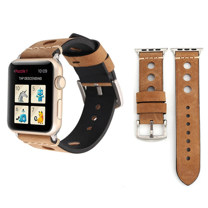 For Apple Watch Series 7 45mm / 6 & SE & 5 & 4 44mm / 42mm 3 & 2 & 1 Retro Hole Genuine Leather Wrist Watch Band