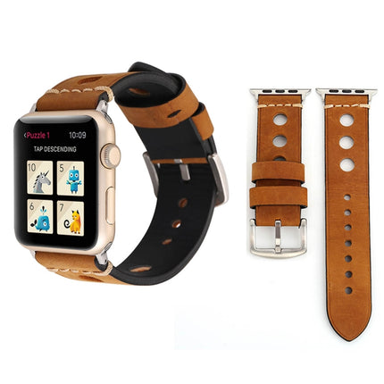 For Apple Watch Series 7 45mm / 6 & SE & 5 & 4 44mm / 42mm 3 & 2 & 1 Retro Hole Genuine Leather Wrist Watch Band