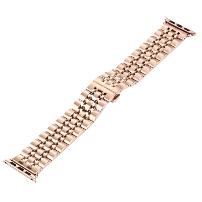 Uhrenarmband aus Edelstahl mit versteckter Schmetterlingsschnalle und 7 Perlen für Apple Watch 42 mm (Silbergold), 20 mm Damen