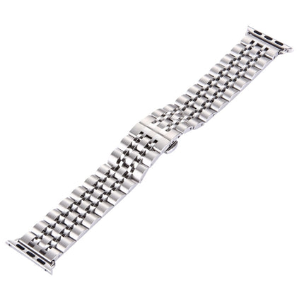 Correa de reloj de acero inoxidable con hebilla de mariposa oculta y 7 cuentas para Apple Watch de 42 mm (dorado plateado), 20 mm para mujer